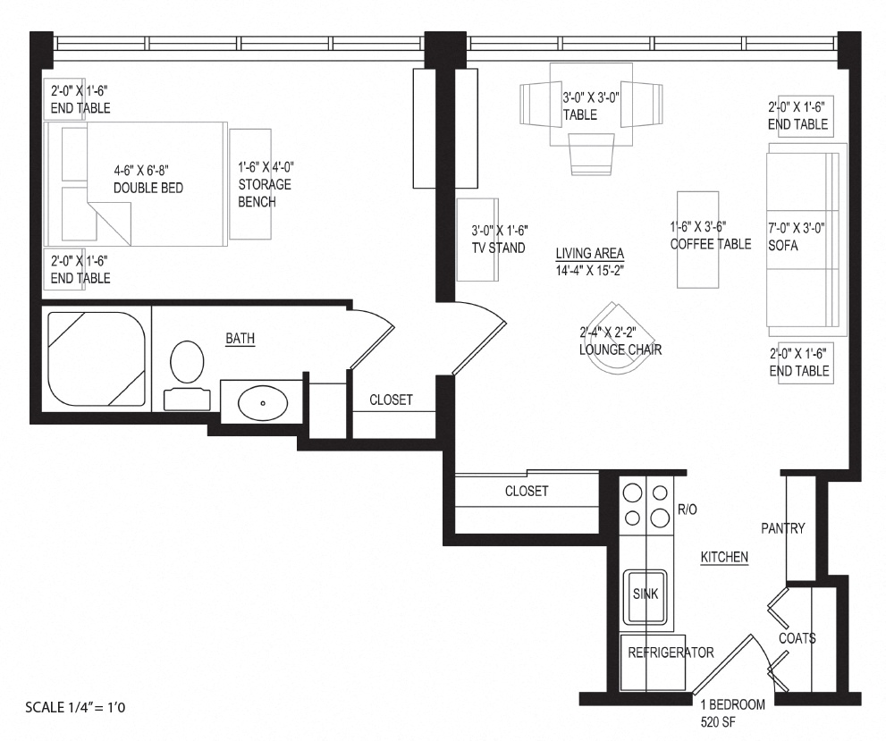 Floor plan for 1 bed, 1 bath, 520 sqft